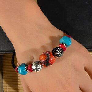 Gemstone Bracelet Turquoise Coral Black Velvet and Silver Tone Beads Style  J